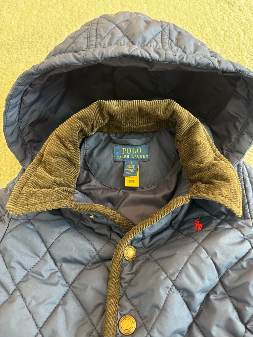 Like New - Ralph Lauren Quilted Navy Hooded Puffer with Corduroy Trim
